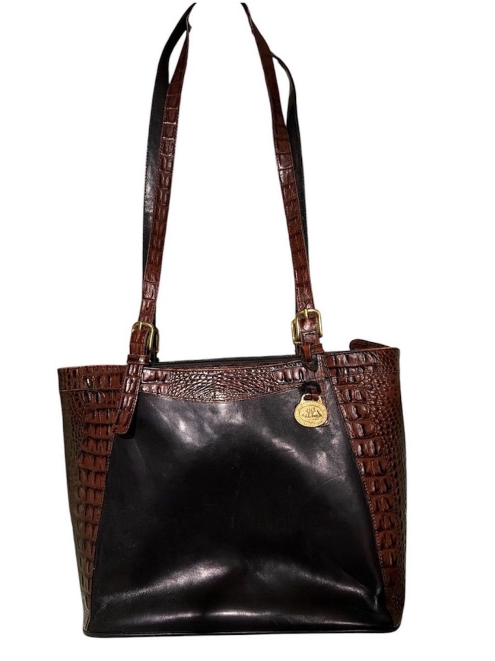 BRAHMIN Tuscan Croc Black Brown Leather Shoulder Bag Tote Handbag Purse